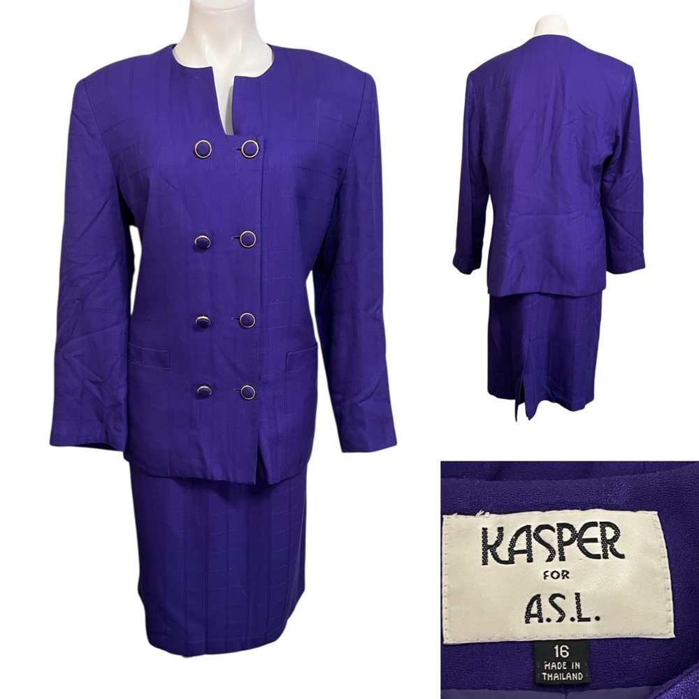 Vtg Kasper blazer & Skirt Suit set 16 purple Double-Breasted gold trim button